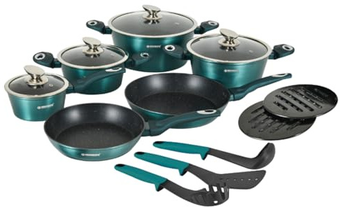 Herzberg Batterie de Cuisine 15 Pièces Revêtement Marbre HGMETBL15, Bleu | aluminium, revêtement marbre antiadhésif, couvercles en verre, ustensiles inclus, compatible induction, tous feux