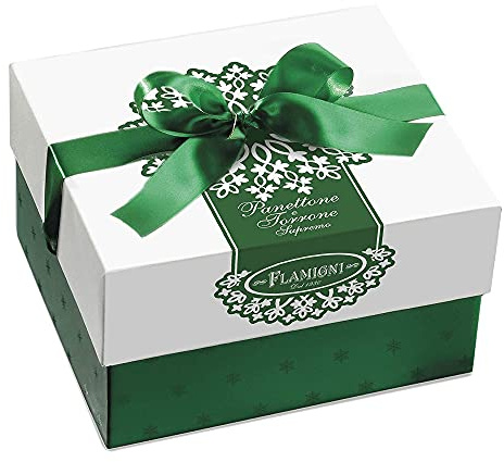 FLAMIGNI, Caja Gourmet Gourmet: 1 Panettone, Dulce Tradicional de Milán Artesanal Confitado y Pasas (750g) + 1 Barra Suprema de Turrón con Pistacho (150g), Caja de Regalo Ideal para Navidad