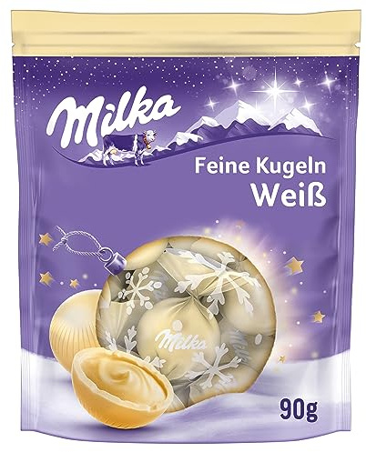 Milka Feine Kugeln aus weißer Alpenmilchschokolade, 90 g, Festlicher Genuss