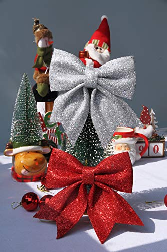 Regendeko 2 Stück Weihnachtsschleifen Glitzer Schleifen Weihnachtsbaum Bogen Schleife Schleifenband Weihnachten (Rot Silber)