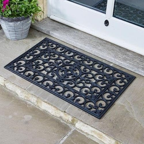Garden Mile Rubber Door Mat - Outdoor Heavy Duty Large Door Mat - Non Slip Outdoor Mats for Front Door Black Welcome Decorative Ornate Design - Effective Drainage Holes Doormats Outside