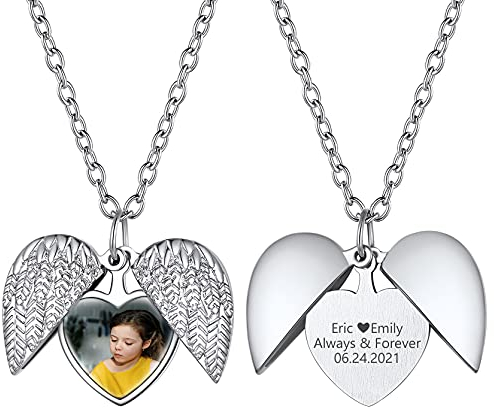 GoldChic Kupfer Herz Flügel Medaillon mit Edelstahl Herz Foto Anhänger Damen Silberfarbe Benutzerdefiniert Medaillon Anhänger zum Öffnen 50cm + 5cm Verlängerungskette