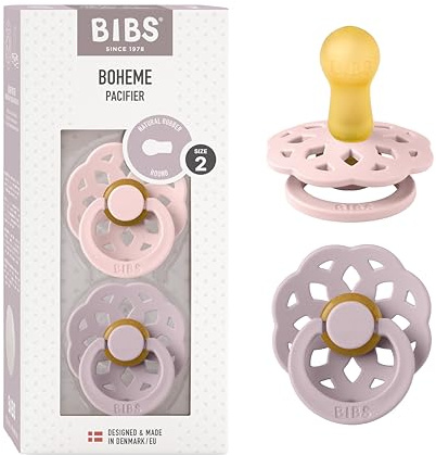 BIBS Boheme Tétine, 6-18 mois, 2-pack, Blossom/Dusky Lilac | Tétine ronde | Latex de caoutchouc naturel | Taille 2 | Sans BPA | Fabriqué au Danemark | Haute acceptation