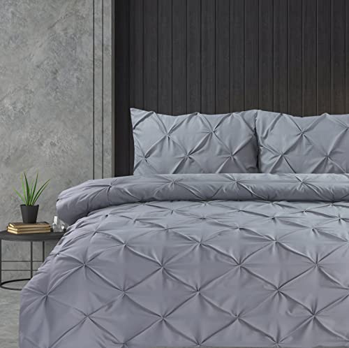 Linen Home Pintuck Duvet Set Grey Super King Pinch Pleat Soft Microfibre SuperKing Bed Quilt Cover with 2 Pillowcases, Easy Care Wrinkle Free Bedding Set of 3 Pcs (Grey, Super King Duvet Cover Set)