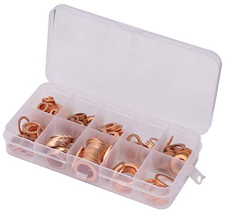 Surtido de Arandelas de Cobre de 200 Piezas, Juego de Arandelas Planas M5 M6 M8 M10 M12 M14, Arandelas Planas de Cobre Sólido, Juego Surtido de Arandelas de Anillo (1 Caja)