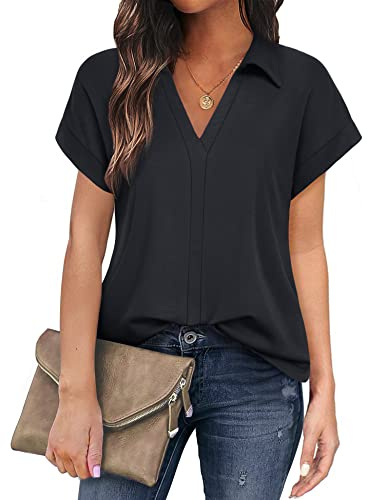 Gaharu Damen Bluse, Damenblusen Kurzarm Elegant Bügelfrei Baumwolle Büro mit Kragen Schwarz Oberteil Frauen Berufsbekleidung Einfarbig Sommer Shirt Lässig Legere Formelle Kleidung