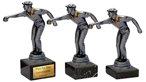 eberin · Boule · Pétanque · Bosseln · Boccia · Pokale · Spieler mit Boulekugel Altsilber/Gold auf Marmorsockel · Pokal in 3 Größen erhältlich · mit oder ohne Gravur ·