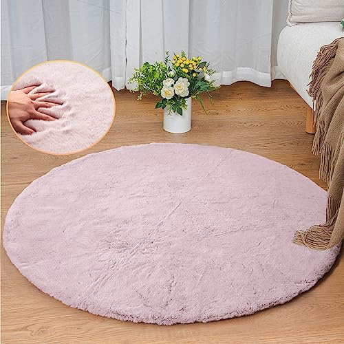 ORINOVA Teppich Schlafzimmer Rund Waschbar Fellteppich Rosa 90 cm Runder Kunstfell Flauschiger Teppich Kinderzimmer Wohnzimmer Weich Deko