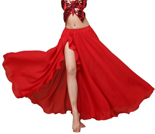 Baisdan Belly Dance Skirt Long Chiffon Slit Skirt Large Swing Skirts for Dance Practice Split Red Split Red