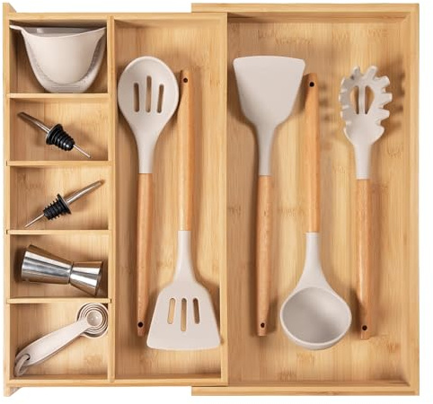 KitchenEdge Utensil & Junk Drawer Organizer, 10.5-19 in, Bamboo | Food-safe contract grade, 100% sustainable wood, non-slip, adjustable