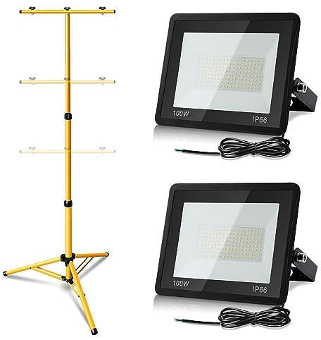 Yakimz LED Baustrahler mit Stativ, 2er 100W Arbeitsleuchte 8500LM 6000K Kaltweiß LED Fluter Floodlight inkl. 1m Kabel, IP66 Wasserdicht Flutlichtstrahler Scheinwerfer Bauscheinwerfer(kein Stecker)