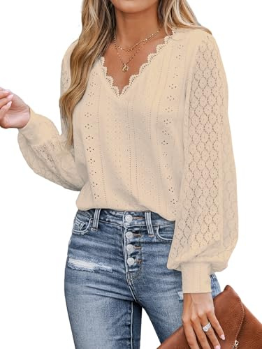 CUPSHE Eyelet Blouse for Women Long Sleeve Lace V Neck Shirts Fall Cute Solid Color Business Tunic Clothes Apricot M