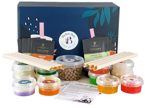 BOBA BAR Bubblicious Mixed Bubble Tea Kit (Serves 8 x 500 Ml Drinks) - Includes a Variety of Mix Tea Flavors, Popping Boba and Jelly Toppings | Gluten-Free | Contains Tapioca Pearls and Tea Bags