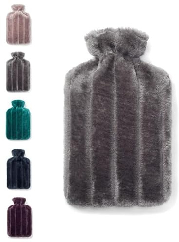 Brevian® 2 Litre Large Hot Water Bottle with Soft Luxury Faux Fur Cover UK (Dark Grey, Regular)