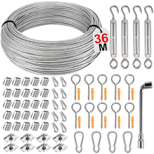 Philtool 36M Drahtseil 3mm, 73 Stück 304 Edelstahl Stahlseil Kit | Stahlseil Ummantelt mit Ösen, Spanndraht Edelstahl Seil für Wäscheleine, Zäune, Hängelichter, Gardinenseil, Garten-Draht