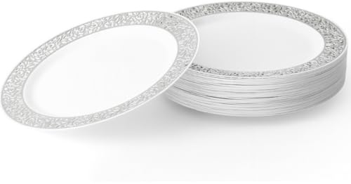 MATANA 40 Premium Weiße Dessertteller aus Plastik mit Silberrand, 19 cm - Elegant, Stabil & Mehrweg - Kleine Teller für Hochzeiten, Geburtstage, Taufen, Grillabende (19cm, Dessertteller - 40 Stück)
