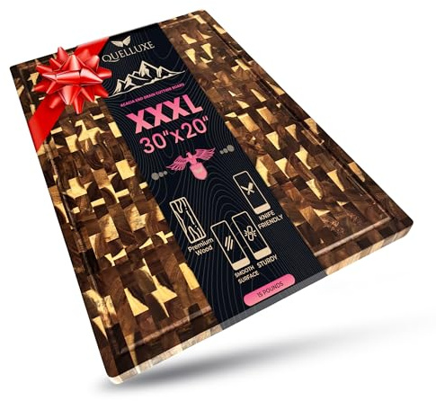 QUELLUXE 30 x 20 Acacia Wood End Grain Cutting Board Extra Large, XXXL Noodle Board Stove Cover, Heavy-Duty Butcher Block, 3XL Meat Chopping Board, Oversized Turkey Carving Board, Charcuterie Board