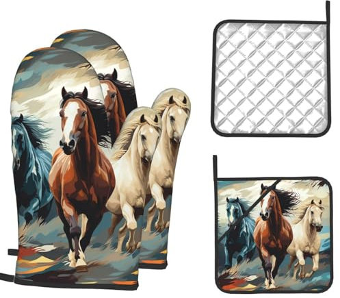 Lot de 4 gants de cuisine et maniques résistants à la chaleur - Motif de chevaux comme fond - Maniques de cuisine en silicone antidérapant - Pour la cuisson et le barbecue