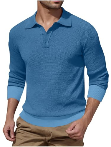Mens Jumper UK Clearance Plain Mock Neck Jumper with Collar V Neck Knitted Sweatshirts Regular Fit Button Up Henley Shirt Pullover Sweat Tops Long Sleeve Winter Sweaters Size 8-18 Blue