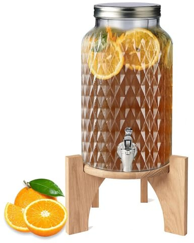 Paluplus Dispenser in Vetro con Base in Bamboo, Misura Giara 17,5x30,5cm e Capacità 5,6 Litri, Tanica con Rubinetto e Coperchio in Metallo Cromato per conservare le bevande fresche -7604M