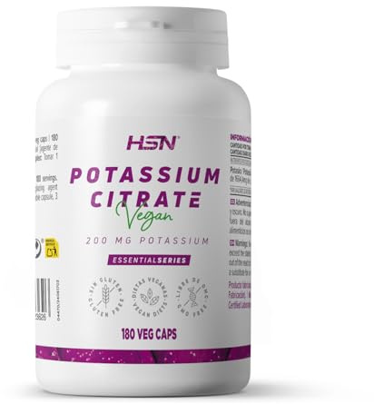 HSN Kaliumcitrat 1664 mg (600 mg elementares Kalium) pro Tagesdosis | 180 pflanzliche Kapseln | Kalium trägt zur normalen Funktion des Nervensystems bei | Ohne Gentechnik, Vegan, Glutenfrei