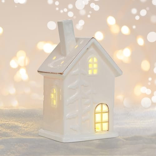 Teelichthaus Keramik, Weihnachtsdeko Lichthäuser Lichterhaus aus Porzellan, Lebkuchenhaus Lichthaus, Weiss Weihnachtshaus Teelicht Haus Windlicht Haus Teelichthalter für Weihnachten Deko (C)