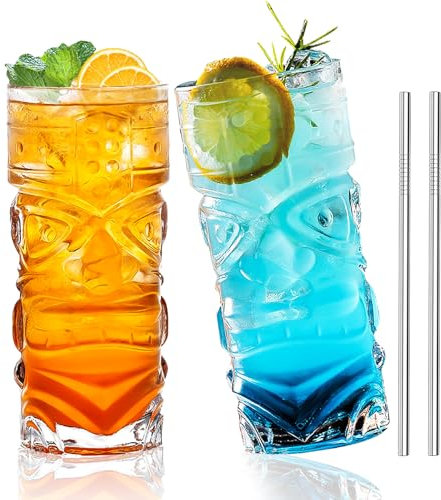 INFTYLE Kunststoff Tiki Becher 530 ml (18 Oz), 2er Set Klare Tiki Gläser – Moderne Bar Tiki Becher für Cocktails, Limonade & Mixed Drinks, Hawaii-Party Trinkbecher für Picknick, Restaurantbedarf