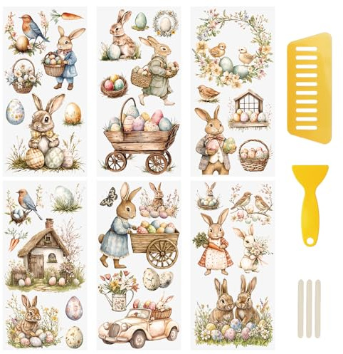 WANDIC 6 Bogen Rub On Sticker Ostern Transferaufkleber, Frohe Ostern Deko Ostereier Osterhasen Wasserdicht Aufkleber Handarbeiten Rub Ons Frühling Aufkleber für Glas Keramik Holz Möbel, 15 x 30 cm