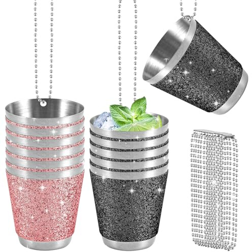 WIYETY 30ML Edelstahl Shot Becher: 12 Stück Schnapsgläser zum Umhängen, Schnapsglas mit Kette, für Hochzeitsfeiern, Junggesellenabschiede, Karneval Weinprobe Party - Rosa + Schwarz