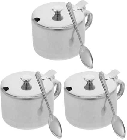 ABOOFAN Ensemble de 3 Pots à Sucre en Acier Inoxydable avec Couvercle et Cuillère, Récipient à Épices Portable avec Poignée, Cuisine et Maison | Récipient Polyvalent Cuisine et Maison, Poignée Pratique, Couleur Argenté, Entretien Facile