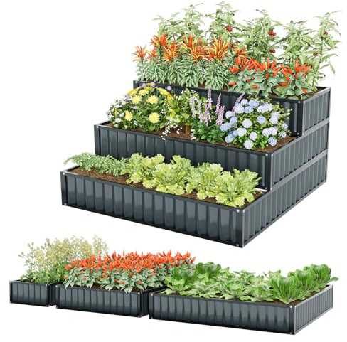 RELAX4LIFE Letto da Giardino a 3 Piani Elevato, Cassa per Piante Metallica con Fondo Aperto e Bordo Elevato per Piante a Radici Profonde, Letto da Giardino Rectangolare per Verdure, Erbe e Fiori