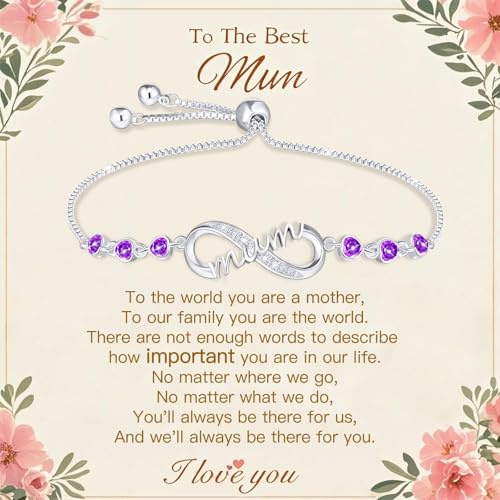 Esmoly Infinity Tennis Bracelets for Women with 5A Zirconia Heart Birthstone Mum Bracelet Adjustable Birthday Gifts for Women (02-mum)