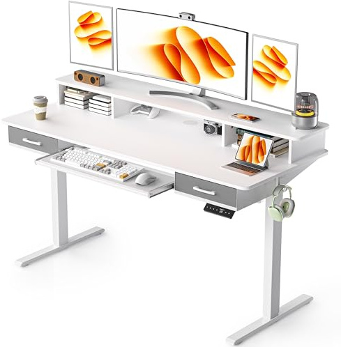 WALKINGDESK Höhenverstellbarer Schreibtisch 140 x 60 cm, Weiß | Elektrischer Stehschreibtisch mit Tastaturablage, 2 Schubladen, Computertisch mit Monitorständer für Homeoffice