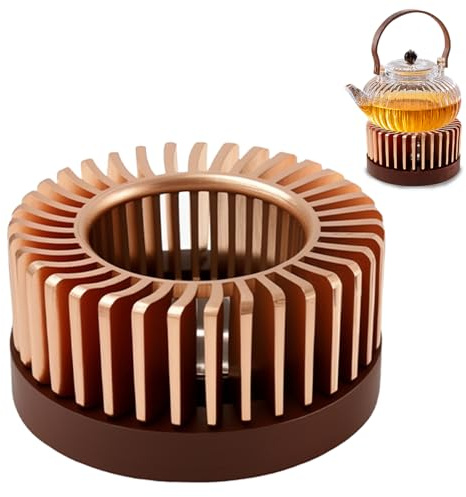Foppla Teapot Warmer with Hollow Frame Aluminum Alloy Tea Pot Heater with Detachable Wood Base Stable Placement for Coffee Milk(Small)
