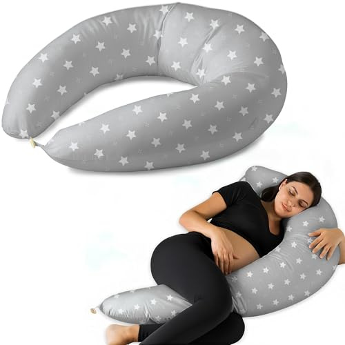 Almohada Embarazada y Cojin Lactancia Bebe para Dormir XXL Idea Regalo para Nuevas Mamás con Funda de 100% Algodón Almohada Multifuncional para Apoyo Espalda y Relleno Suave Accesorio de Maternidad