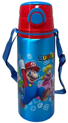 Vattenflaska i aluminium med sugrör Super Mario 730 ml, drickflaska för barn med automatisk popup-öppning, inklusive axelrem