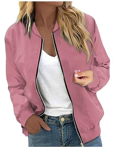 Bomberjacke Damen Kurze Blouson Jacke Casual Pilotenjacke Langarm Outwear Zip Up Solid/Blumenmuster Leichte Coat Sweatjacke 1#Rosa XXL