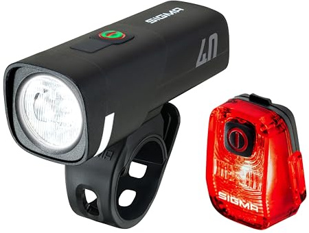 Kit SIGMA LED pour vélo Aura 40/ Hiro 10 | Éclairage Avant et arrière à Piles Rechargeables | Kit d'éclairage Rechargeable et résistant aux intempéries avec USB-C