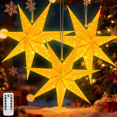 3Pcs Papierstern Lampenschirm,45cm LED Papiersterne Zum Aufhängen mit Fernbedienung und Timer,Papierstern mit Beleuchtung 8 Leuchtmodi,Papierstern Beleuchtet zum Aufhängen,Weihnachtsstern Beleuchtet