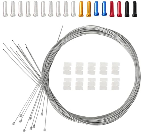 10 Cables de Cambio de Bicicleta 2 m, 1,2 mm en Acero, con 10 Terminales Plateados, 8 Terminales de Colores y 10 Juntas Tóricas de Silicona, Universales para MTB, Bicicleta de Carretera
