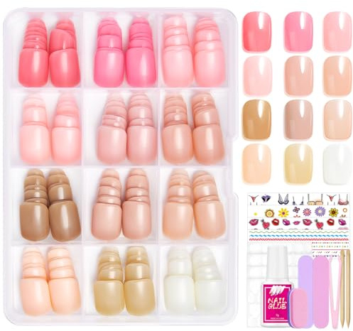 288 Stück Nagel Tips Set - 12 Farben Press On Nails Short Square - Nude Rosa Weiß Falsche Nägel Zum Aufkleben - Künstliche Nagelspitzen Nail Art Manicure Fake Nails für Damen und Frauen