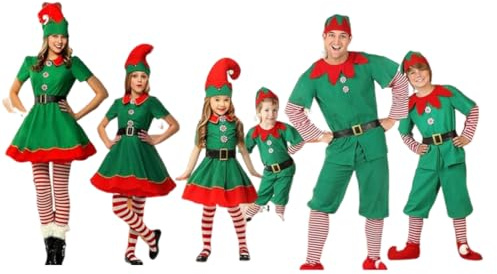 Generisch Weihnachtselfen Kostüm Damen und Herren，Weihnachten Kostüm für Kinder Junge Mädchen Weihnachtskostüme Cosplay Elfenkostüm Kleid, Oberteil + Hose, Beinwärmer + Hut + Gürtel