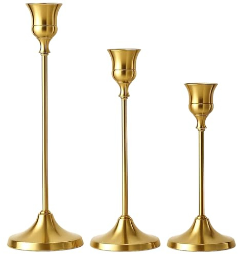 3 Brass Gold Candlestick Holders, Elegant Candle Sticks Holder Set for Table Centerpiece, Tall Candle Holders with Classic Design, Gold Candle Holders for Home Decor