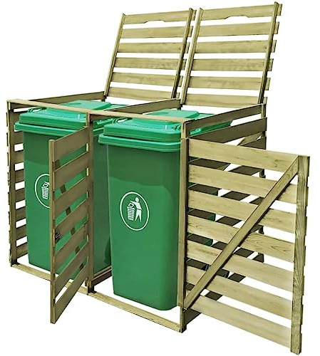 Mokuyary Abri pour Poubelle Double 240 L Bois imprégné, Abri de Jardin Cache pour poubelles, Conteneur d'extérieur Coffre de Rangement