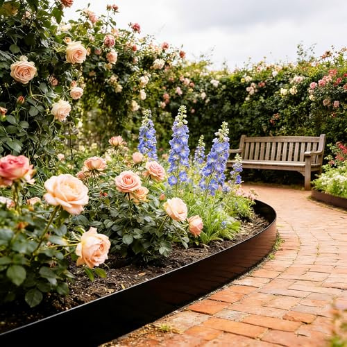 PEILU Schwarz Rasenkanten 18cm Hoch Verzinkt Stahl Beeteinfassung Garten Beetumrandung 10 Stück 100cm Mähkante Metall Wurzelsperre Palisaden Stecksystem Rasenkantenband für Wege, Rasenflächen (10m)