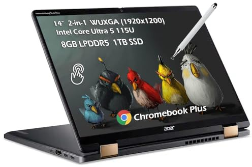 acer Chromebook Plus Spin 714 Ordinateur portable 2 en 1 avec Google AI – 14 po Full HD IPS Touch | Intel Core Ultra 5 115U | 8 Go LPDDR5 1 To SSD | Wi-Fi6E rétroéclairé KB Chrome OS Gris acier | Avec