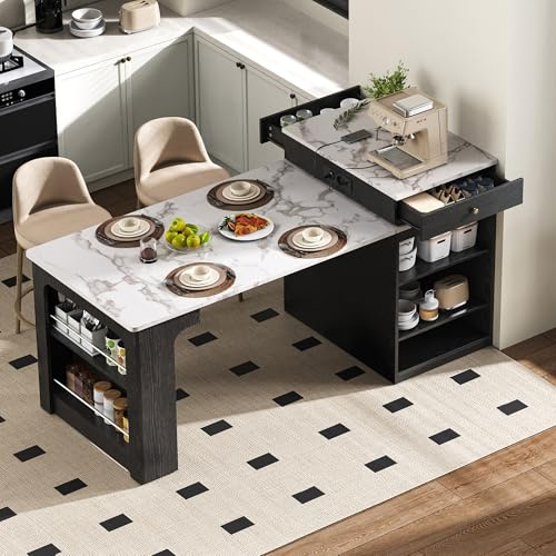 Isla de cocina con ruedas, mesa de comedor extensible con parte superior extraíble, mesa de bar con regletas, sirve como isla de cocina, aparador, aparador o mesa de bar para cocina y comedor (negro)