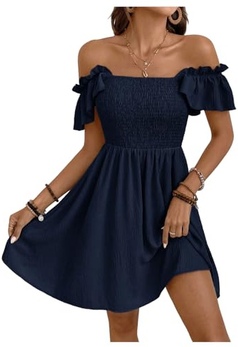 GORGLITTER Women's Off The Shoulder A Line Swing Mini Dresses Square Neck Ruffle Cap Sleeve Smocked Flowy Beach Dress