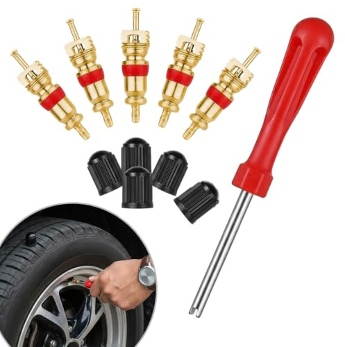 11 Stück Ventileinsatzentferner,Rot Einzelkopf Ventilausdreher,Reifenventilentferner,Autoventil Schlüssel,Reifenventil Werkzeug Set,Mit 5 Gold Ventileinsätzen und Reifenventilkappen,Für Fahrrad,Auto