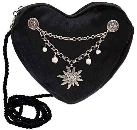 Alpenflüstern Herztasche Charivari Strass-Edelweiss - Damen Trachtentasche in Herzform, Schultertasche fürs Dirndl, Herz Handtasche zur Tracht, Dirndltasche (schwarz) DTA064
